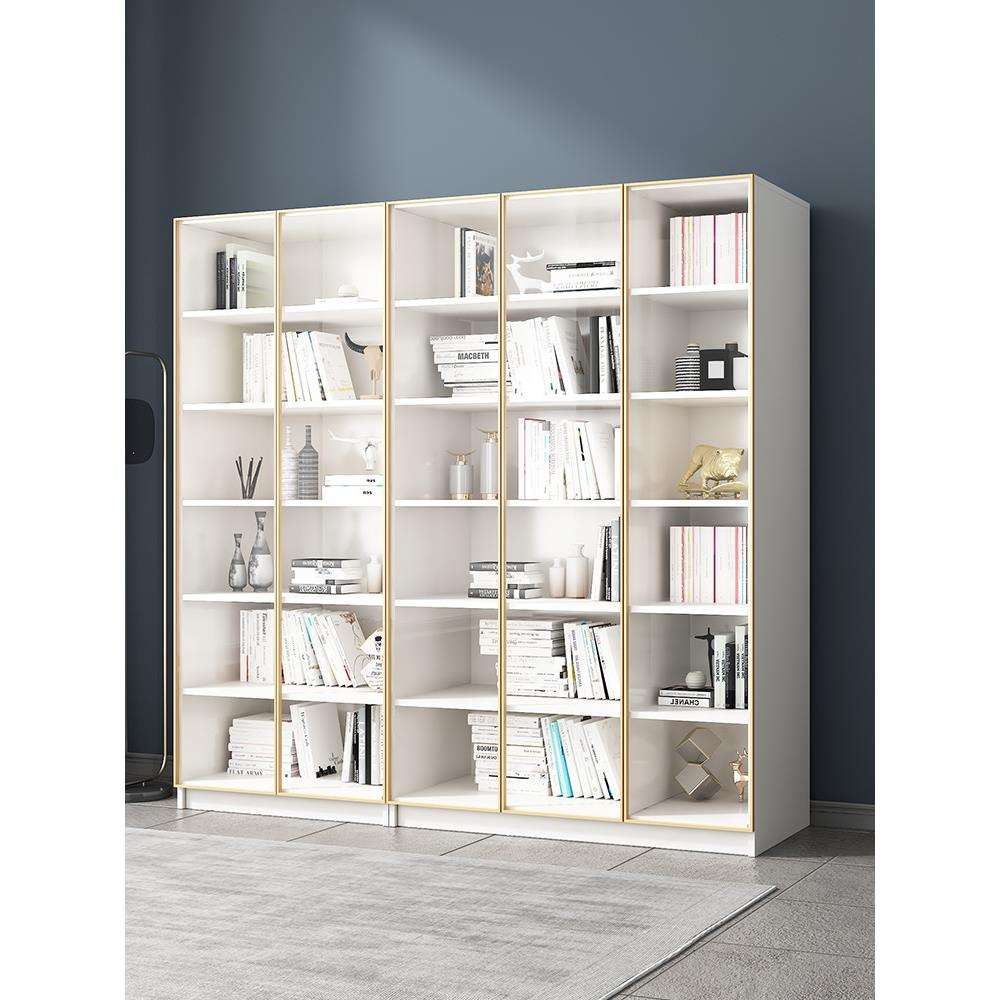 实木书架带玻璃门落地现代简约一体靠墙白色书房置物轻奢书柜