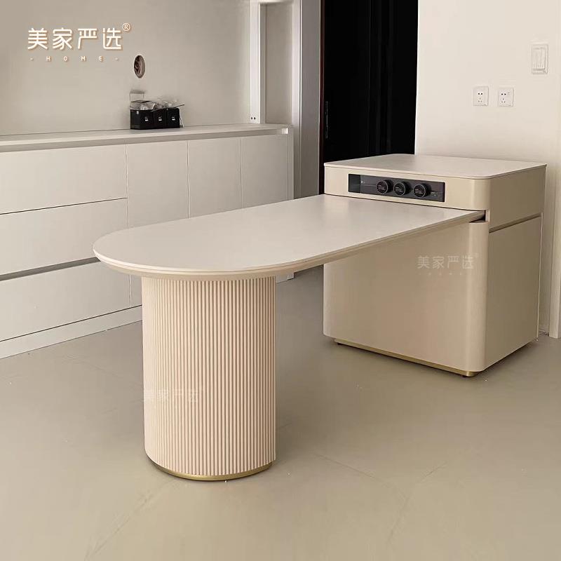 极简厨房伸缩岛台餐桌一体法式奶油风半圆岩板悬浮感
