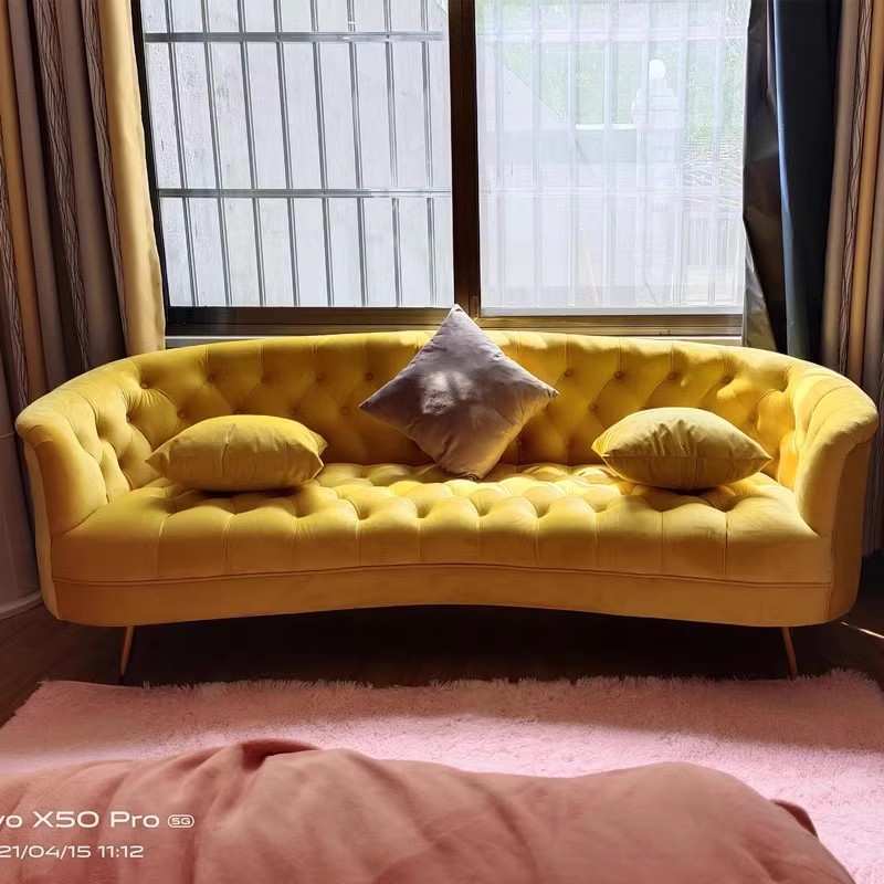 后现代墨绿色轻奢工作室样板房家具美式复古弧形丝绒拉扣客厅沙发