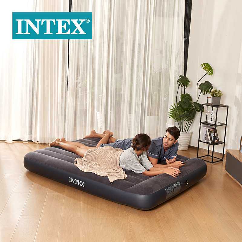 INTEX64143黑白内置枕头单层双人加大线拉空气床植绒野营充气床垫