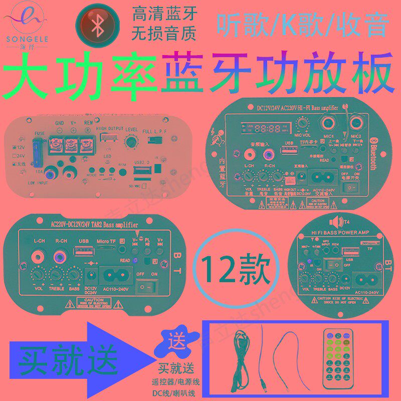 12v24v220v大功率蓝牙低音炮功放板广场舞音箱功放模块话筒扩音器