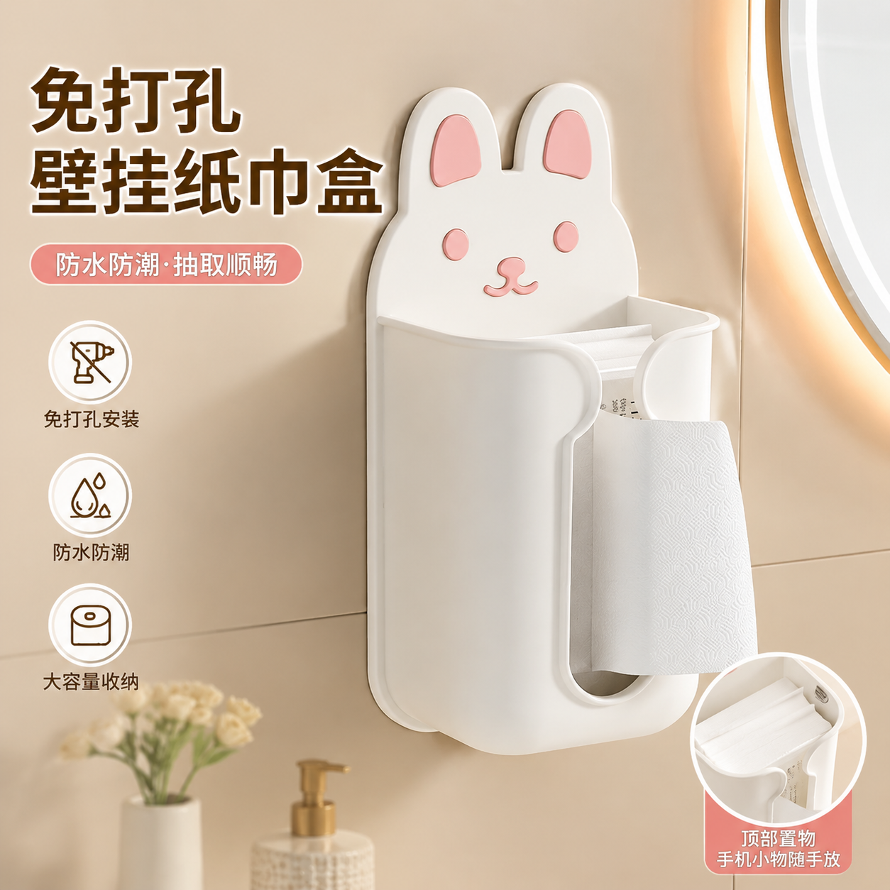 可爱纸巾盒壁挂式免打孔创意抽纸盒厨房家用卫生间洗脸巾收纳纸筒