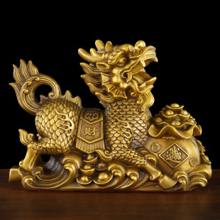 饰品聚财铜摆件 黄铜麒麟一对聚宝盆旺财麒麟金属工艺品家居装