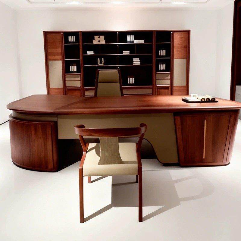 新中式实木老板桌新款高端总裁办公桌北美黑胡桃董事长大班台弧形