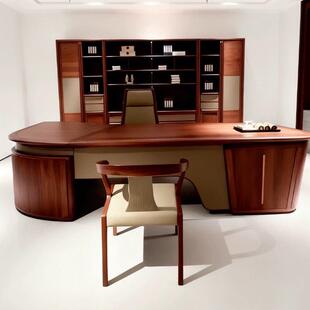 新中式实木老板桌新款高端总裁办公桌北美黑胡桃董事长大班台弧形