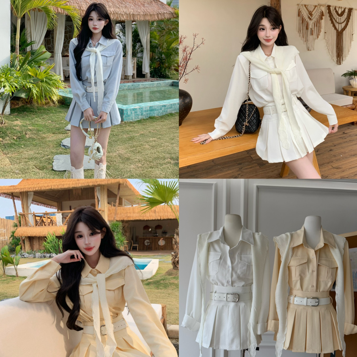 MEI ZI 美姿-26年早春学院风减龄衬衫+百褶裙套装(配披肩,腰带)