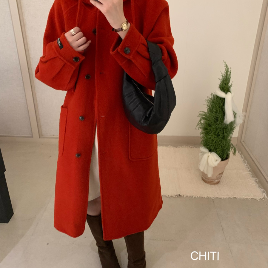 CHITI驰媞-圣诞红～氛围感减龄连帽中长羊毛外套（含100澳毛）