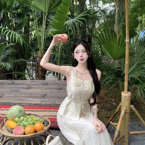 MEI ZI 美姿-法式温柔气质仙女无袖上衣+半身纱裙套装