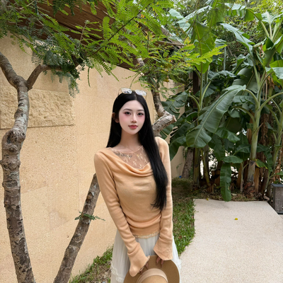 MEI ZI 美姿-26年早春上新新品气质百搭时尚蕾丝拼接长袖针织衫