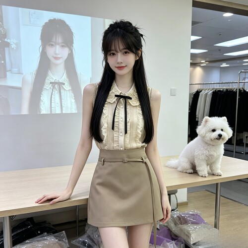 MEI ZI 美姿-半身裙两件套套装(配胸针,腰绳)(只卖套装,含安全裤)