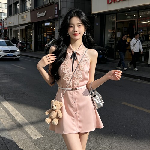 MEI ZI 美姿-美醋酸连衣裙+短裤两件套套装(配腰带,可拆卸蝴蝶结)