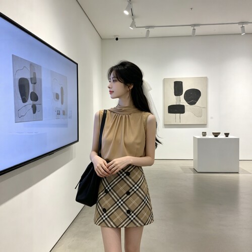 MEI ZI 美姿-袖飘带上衣小衫+格子半身裙套装(配抹胸)(有安全裤)