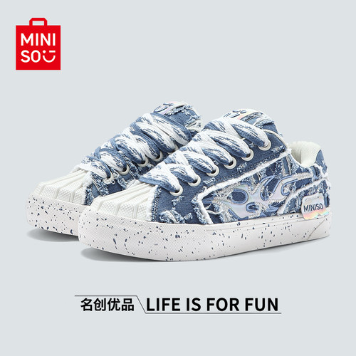 名创优品牛仔蓝流苏运动滑板鞋
