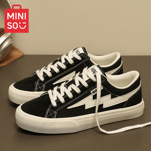 MINISO/名创优品鞋子男黑白反绒皮帆布鞋闪电复仇风暴运动滑板鞋