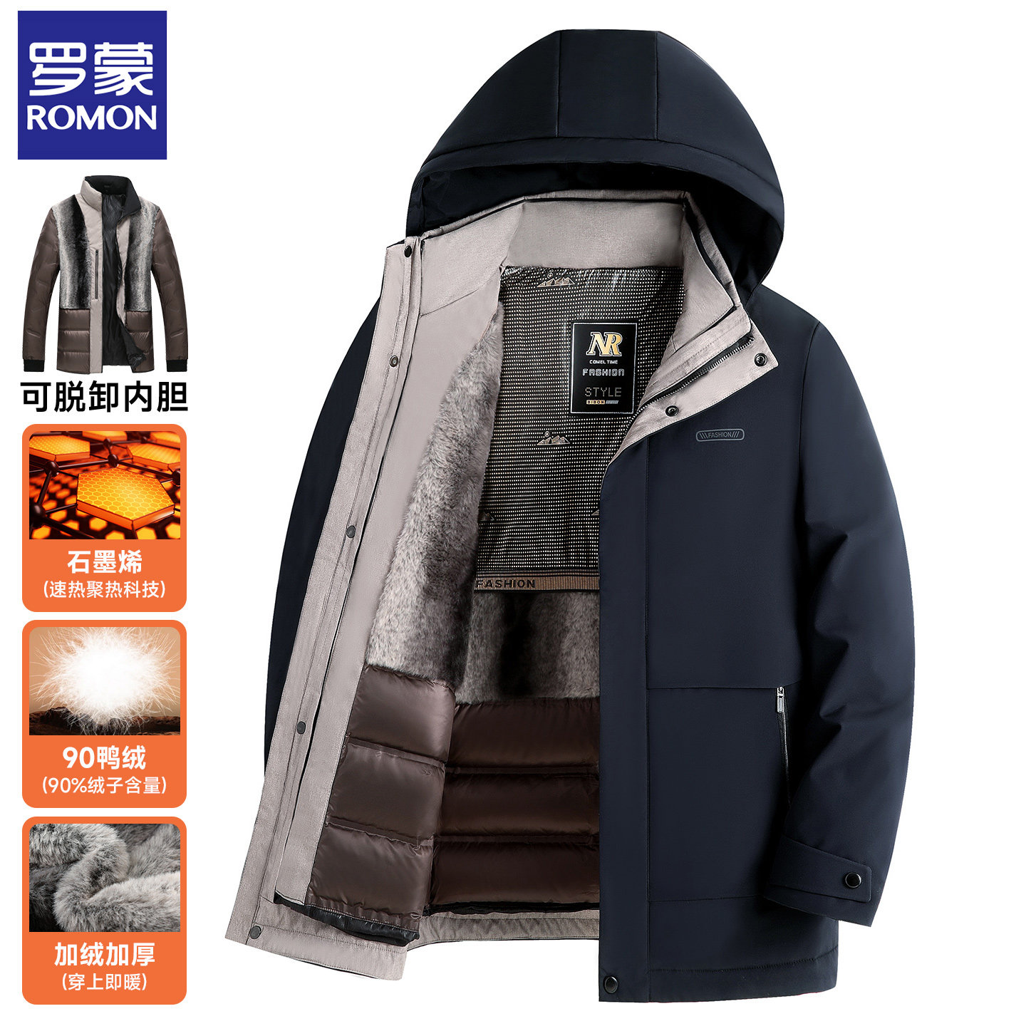 【90白鸭绒内胆】罗蒙2025冬季新款男士羽绒服防风加厚爸爸装外套