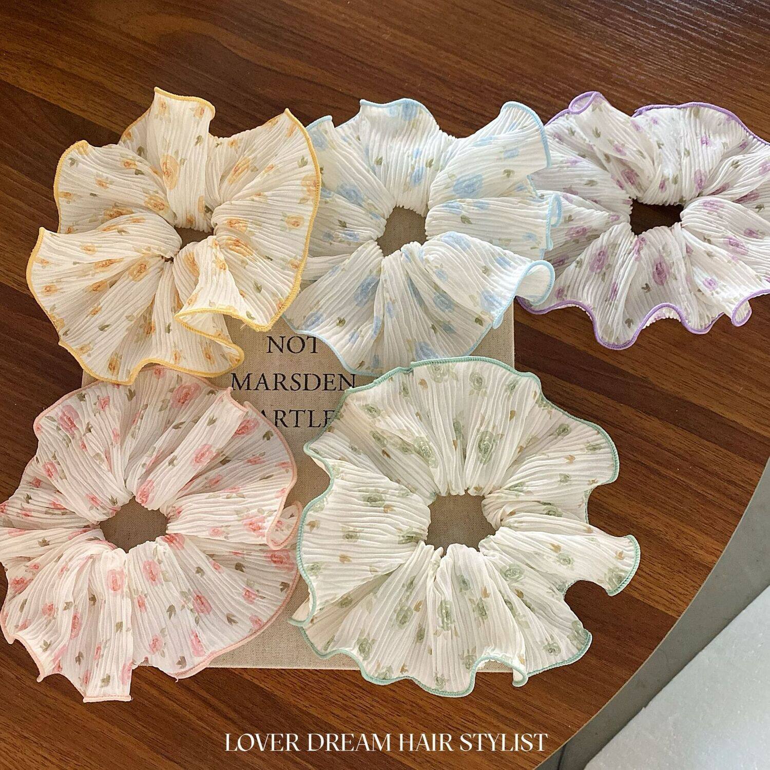 韩版甜美小清新碎花褶皱气质大肠发圈高级感高弹力丸子头发绳发饰