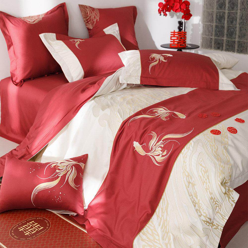 新中式婚庆床组全棉100S长绒棉锦鲤刺绣红色四件套结婚被套床单