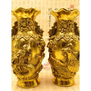 纯铜龙凤花瓶摆件一对大号彷古花瓶工艺品家居办公室客厅装饰摆设