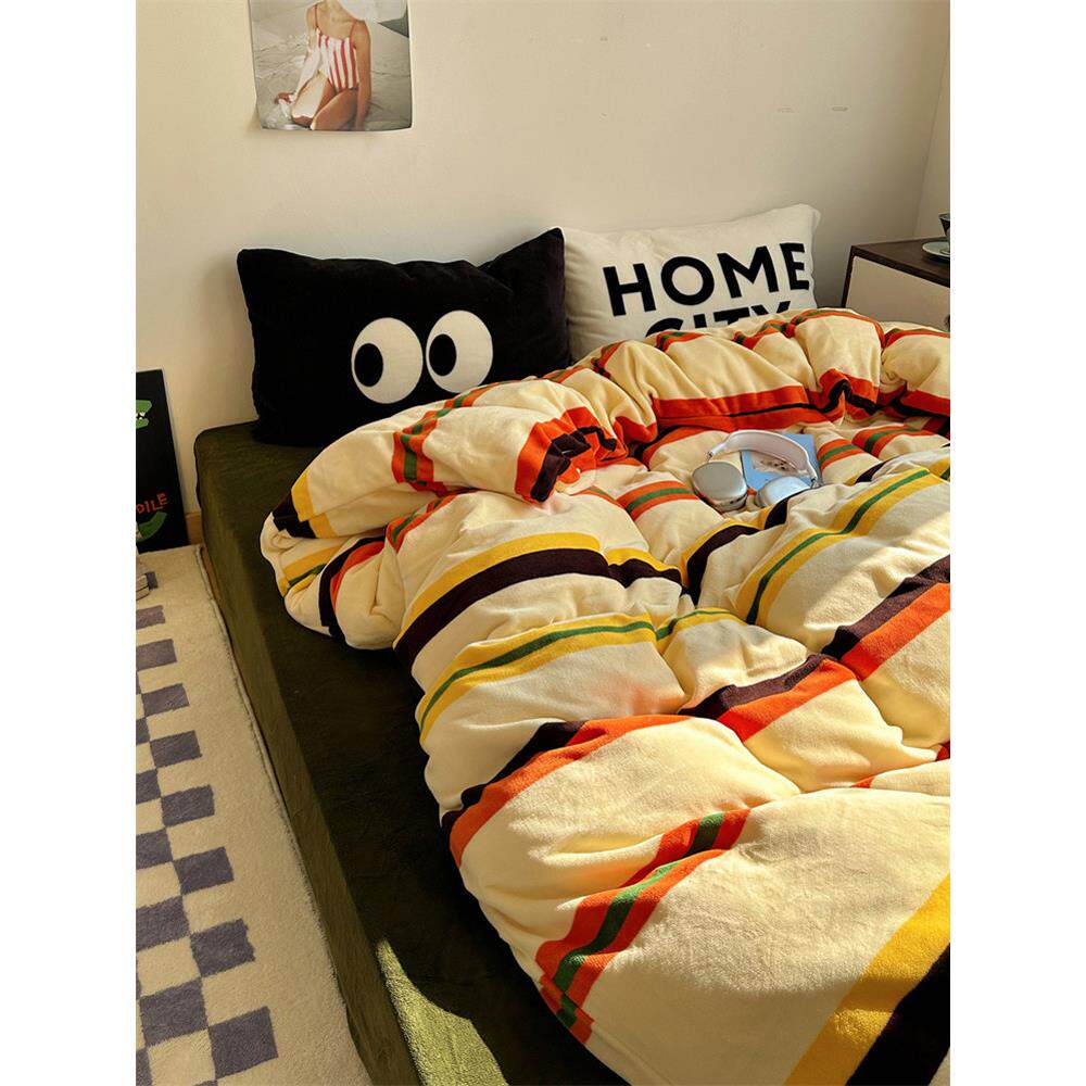 大眼睛混搭温柔黄条纹秋冬保暖牛奶绒四件套亲肤短绒床品暖绒床单