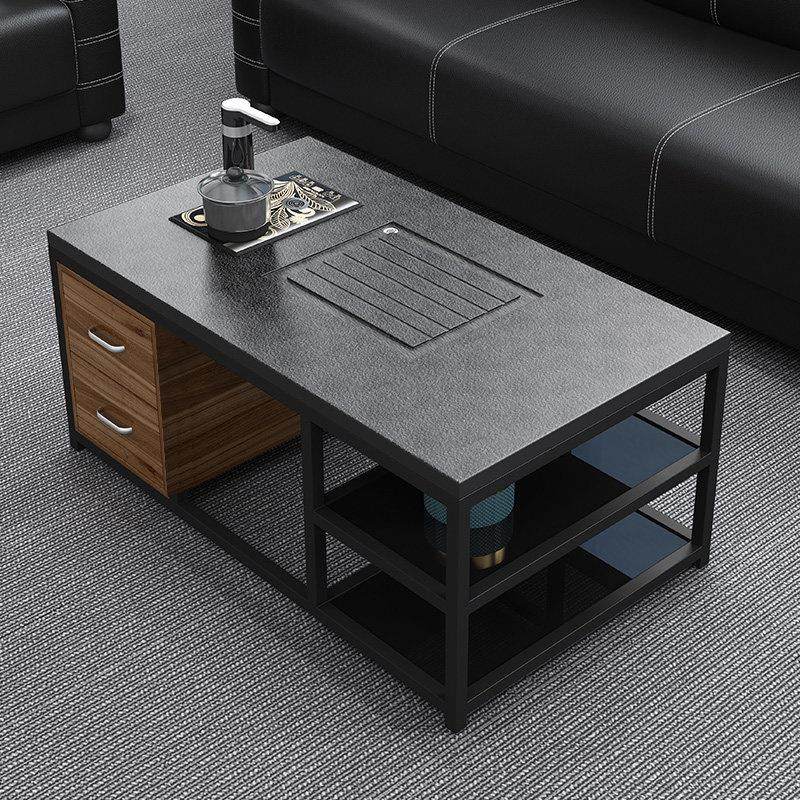 办公室茶几简约现代北欧黑色面大理石茶台铁脚架火烧石功夫喝茶桌