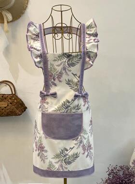 紫色花新款围裙防污女韩版时尚工作厨房日系防水做饭罩衣打扫卫生