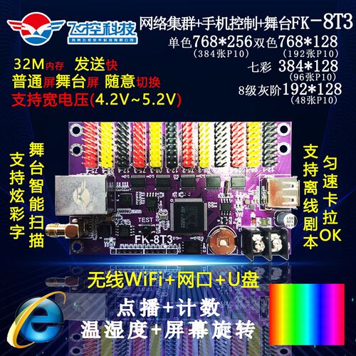 FK-8T3控制卡8T1T2飞控网口络室外led显示屏单色门头舞台远程集群