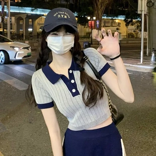 设计感小众甜辣妹别致短款 针织polo衫 T恤2022新款 女春季 上衣 短袖