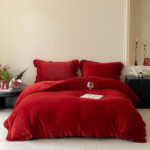 浪漫公主风冬季牛奶绒结婚四件套婚庆红色荷叶花边珊瑚绒被套床笠