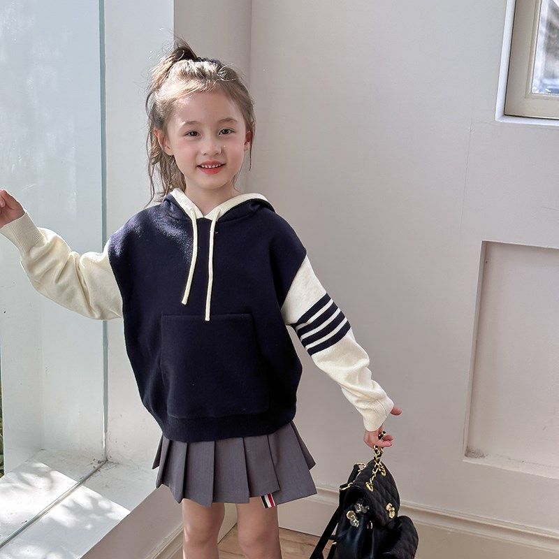 儿童针织衫2024秋装新款男童女童中性休闲拼色毛衣连帽衫宝宝上衣