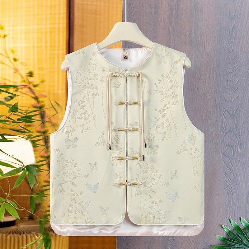 缎面新中式马甲女款春秋高端中国风无袖上衣马夹外穿盘扣背心外套