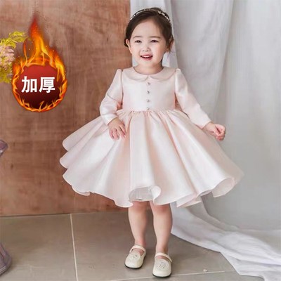 儿童礼服小女孩公主裙女童长袖裙白色婚纱花童演出女宝宝周岁生日