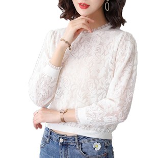 短款针织衫女搭配阔腿裤九分袖打底高腰蕾丝镂空配半身裙子的上衣