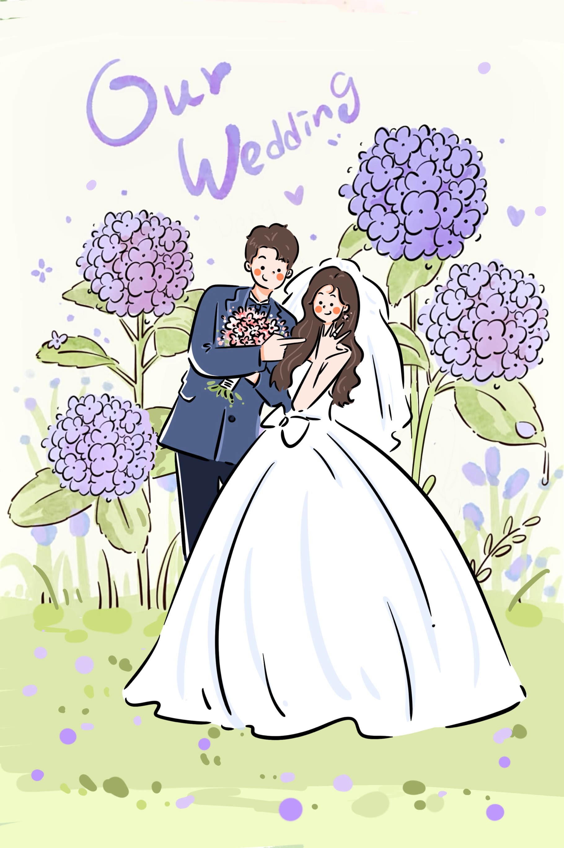 手绘婚纱照头像情侣插画定制卡通结婚礼人形立牌请柬喜帖简约设计