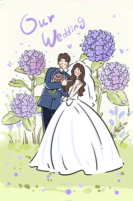 手绘婚纱照头像情侣插画定制卡通结婚礼人形立牌请柬喜帖简约设计