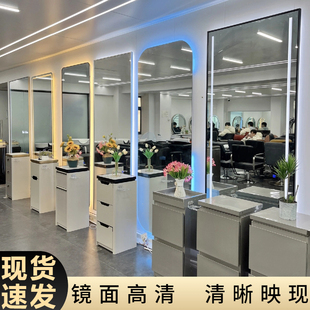 简约美发店镜台挂墙单面镜子定制网红理发店镜子带灯发廊专用镜