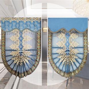 绣花纱帘蓝灰色升降扇形帘罗马帘厨房餐厅窗帘含升降轨道 轻奢欧式
