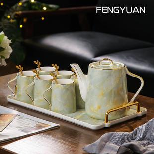 轻奢茶具茶杯欧式 家用客厅杯子套装 陶瓷水杯家庭套杯带托盘带杯架