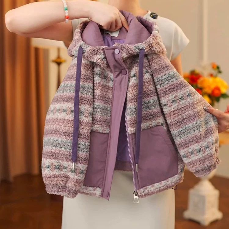 女童外套秋冬款2025新款儿童洋气时髦毛毛衣女孩冬装夹棉连帽上衣