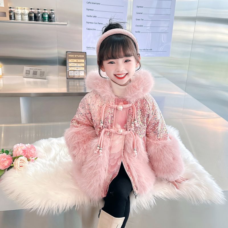 女童冬季新款加绒仿皮草外套女宝宝中长款风衣网红洋气带帽派克服