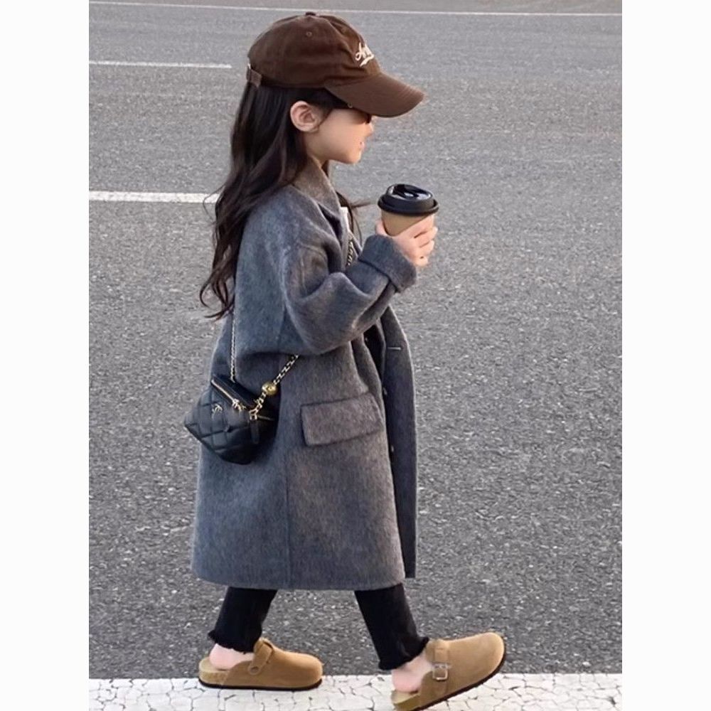 韩版童装2025秋装新款儿童灰色翻领呢大衣男女童中长款风衣外套潮