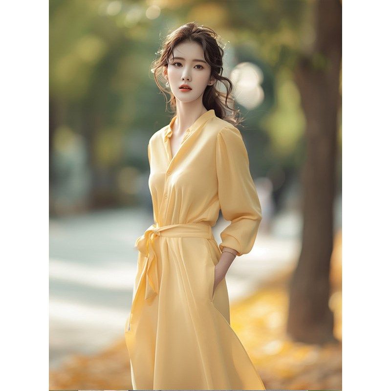 黄色衬衫连衣裙女2025年春秋新款法式V领长袖高级感收腰a字裙子