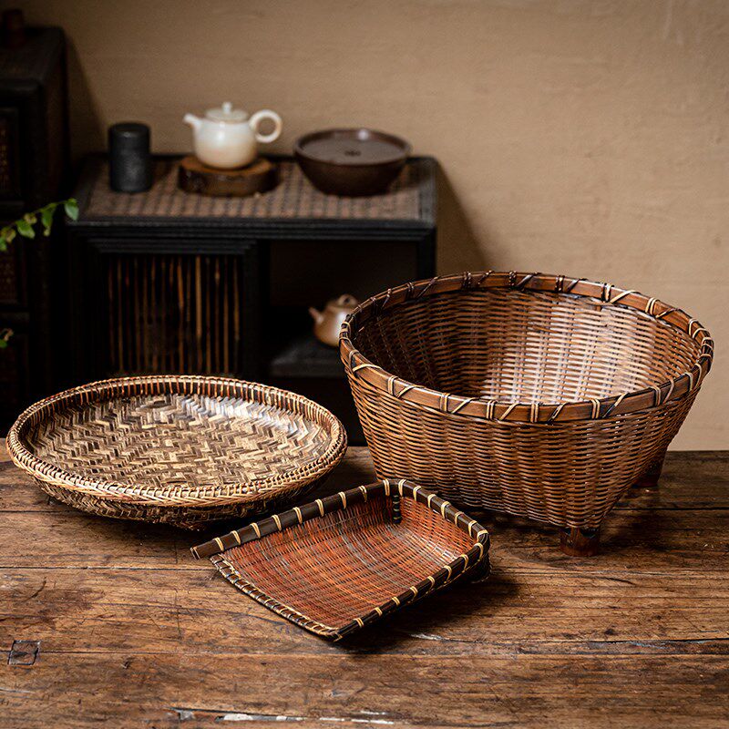 竹编老式簸箕摆件 民宿装饰竹筐竹筲箕 桌面茶几水果盘零食收纳筐
