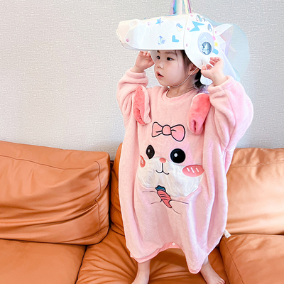儿童法兰绒睡衣连体男女童宽松睡袍秋冬宝宝珊瑚绒睡袋一体式保暖