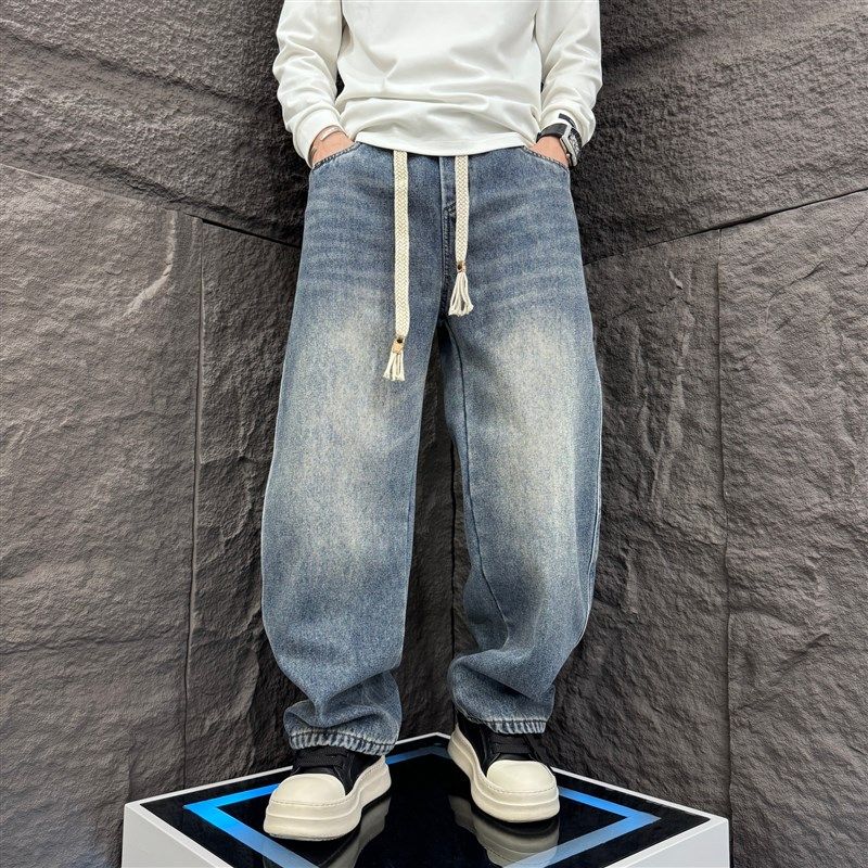 秋冬加绒阔腿大码牛仔裤重磅水洗浅蓝色弯刀裤男士宽松直筒老爹裤