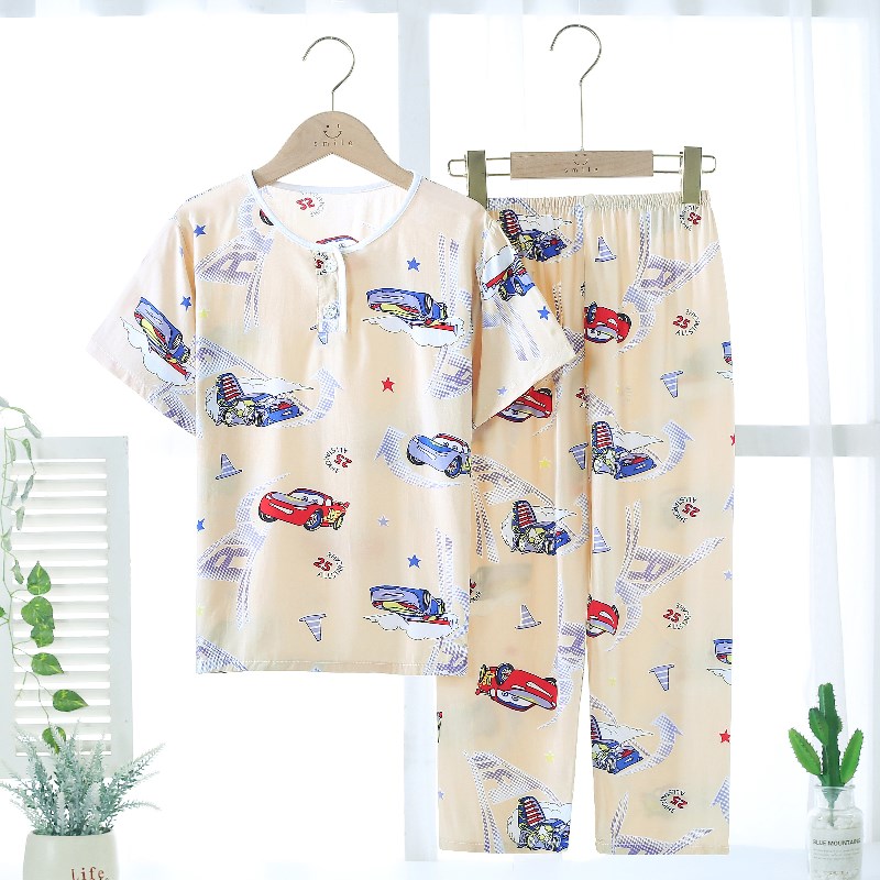 夏季儿童睡衣棉绸男孩女孩薄款男童女童超薄款绵绸短袖套装空调服