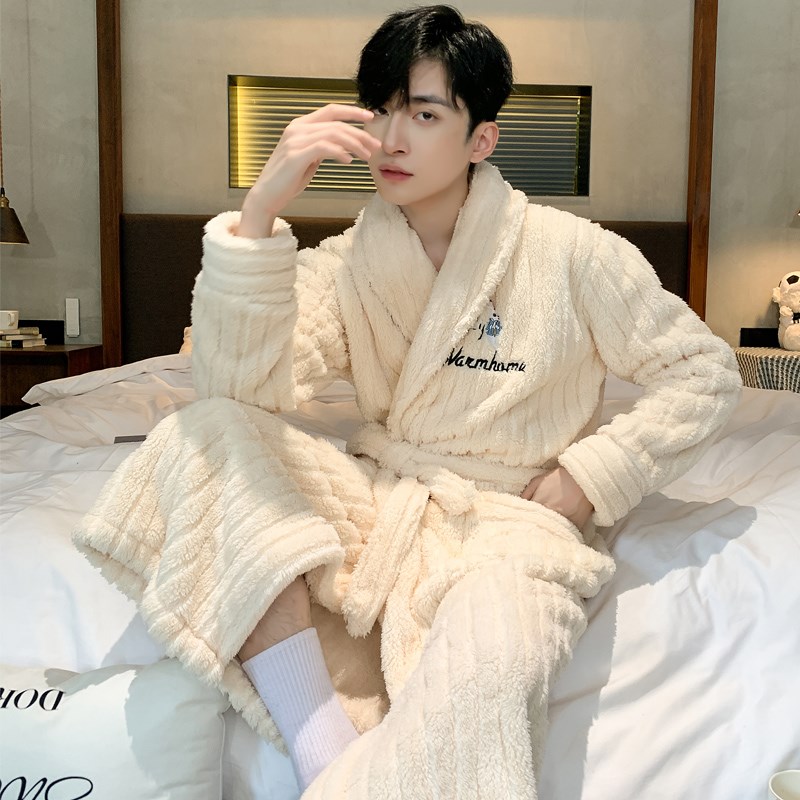 冬睡袍男士冬季睡衣男浴袍秋冬法兰绒浴衣长袍加绒加厚长款珊瑚绒