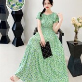 棉绸碎花一字肩短袖 波西米亚沙滩裙大摆人棉套头两穿长款 连衣裙