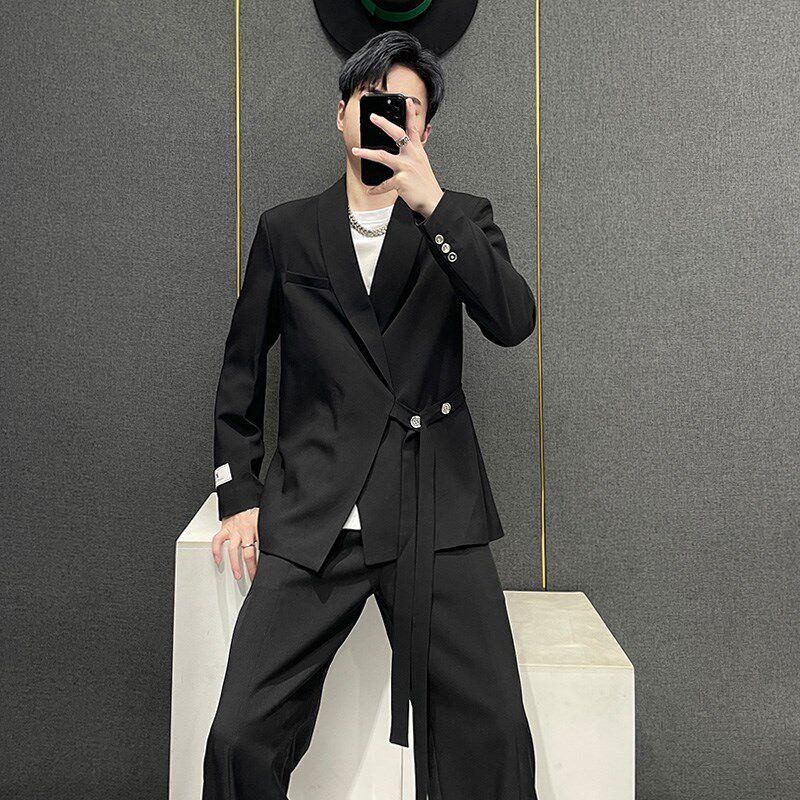 设计感绑带西装外套阔腿裤两件套男2025新款高级感宽松休闲套装潮