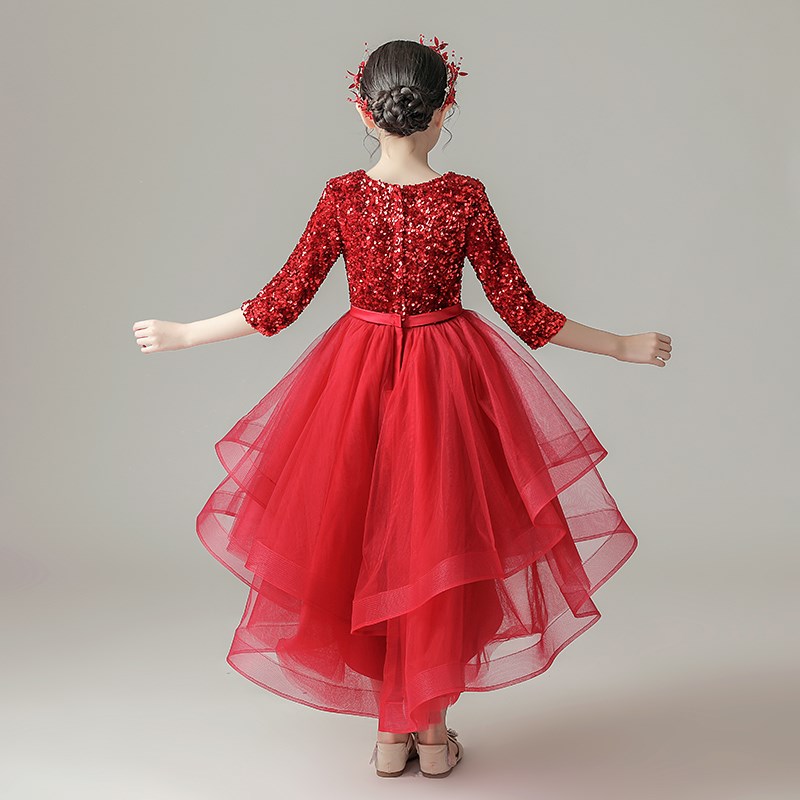 女童T台走秀钢琴主持人演出晚礼服儿童前短后长袖伴娘婚纱公主裙