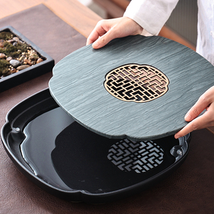 小型乌金石现代简约家用办公茶盘功夫茶具 陶瓷天然石材茶台储水式